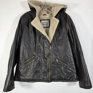 Levi’s Sherpa Lined Faux Leather Hooded Moto Jacket Brown XL